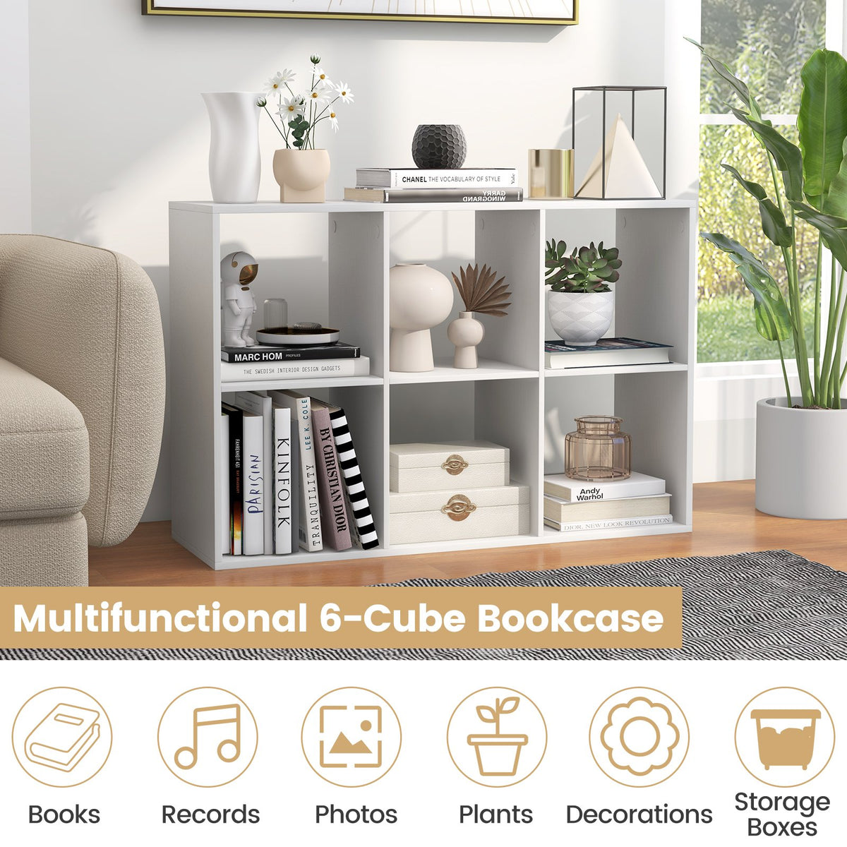 6 Cube Bookshelf with Back Guardrail for Living Room Bedroom-White view 8