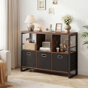 6 Cube Industrial Short Bookshelf with 3 Bins & Metal Frame and Open Shelves for Indoor-Rustic Brown view 2