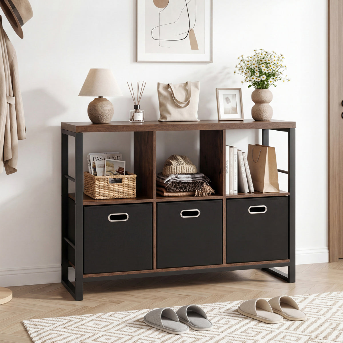 6 Cube Industrial Short Bookshelf with 3 Bins & Metal Frame and Open Shelves for Indoor-Rustic Brown view 3