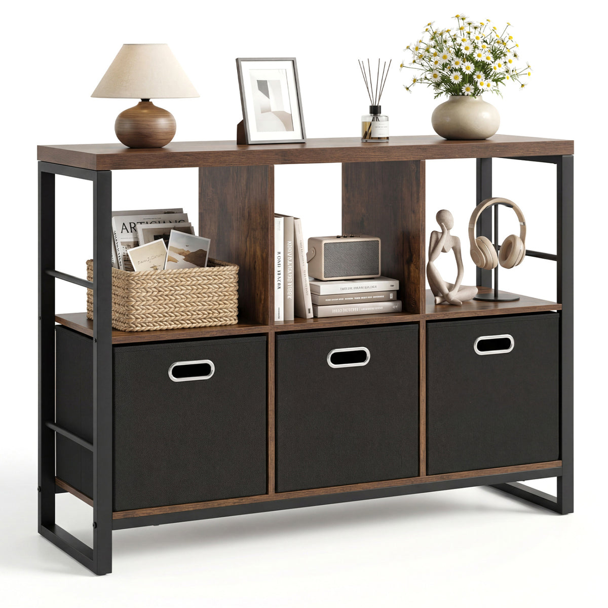 6 Cube Industrial Short Bookshelf with 3 Bins & Metal Frame and Open Shelves for Indoor-Rustic Brown view 4