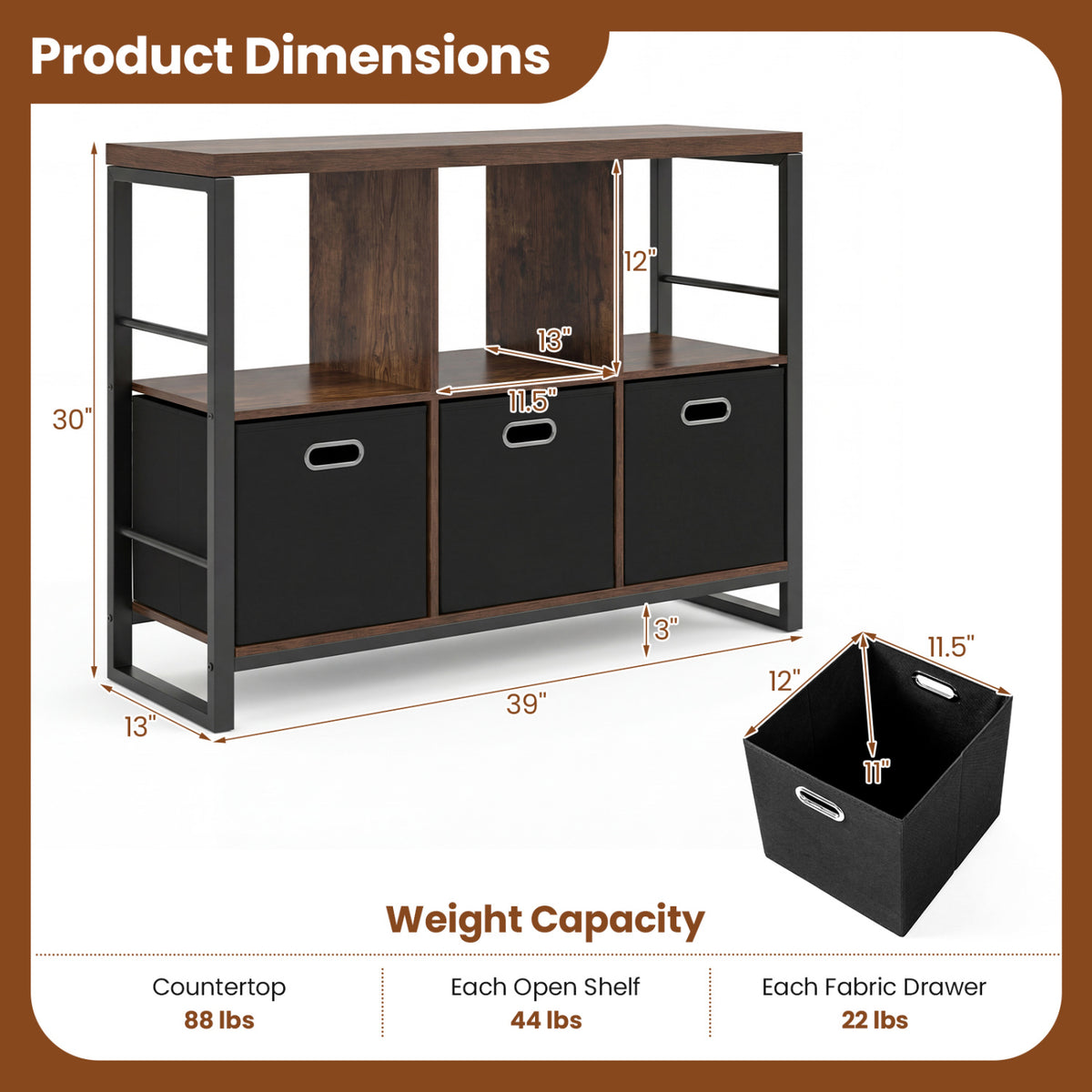 6 Cube Industrial Short Bookshelf with 3 Bins & Metal Frame and Open Shelves for Indoor-Rustic Brown view 5