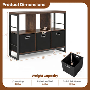 6 Cube Industrial Short Bookshelf with 3 Bins & Metal Frame and Open Shelves for Indoor-Rustic Brown view 5
