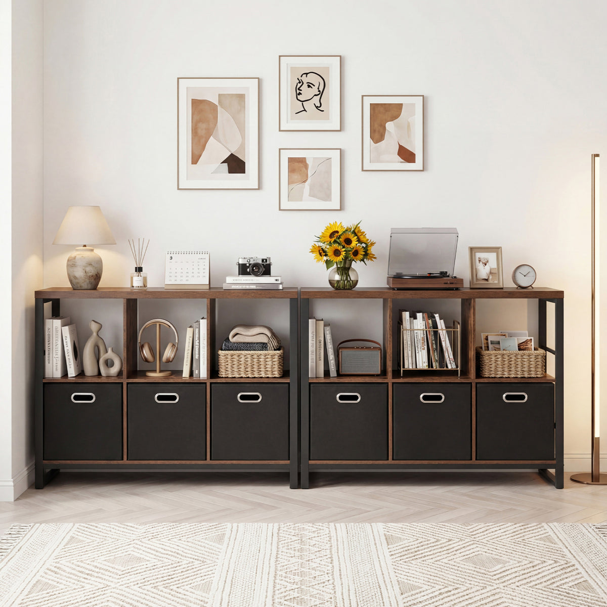6 Cube Industrial Short Bookshelf with 3 Bins & Metal Frame and Open Shelves for Indoor-Rustic Brown view 6