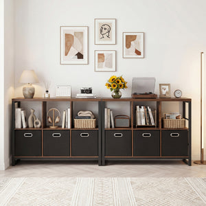 6 Cube Industrial Short Bookshelf with 3 Bins & Metal Frame and Open Shelves for Indoor-Rustic Brown view 6