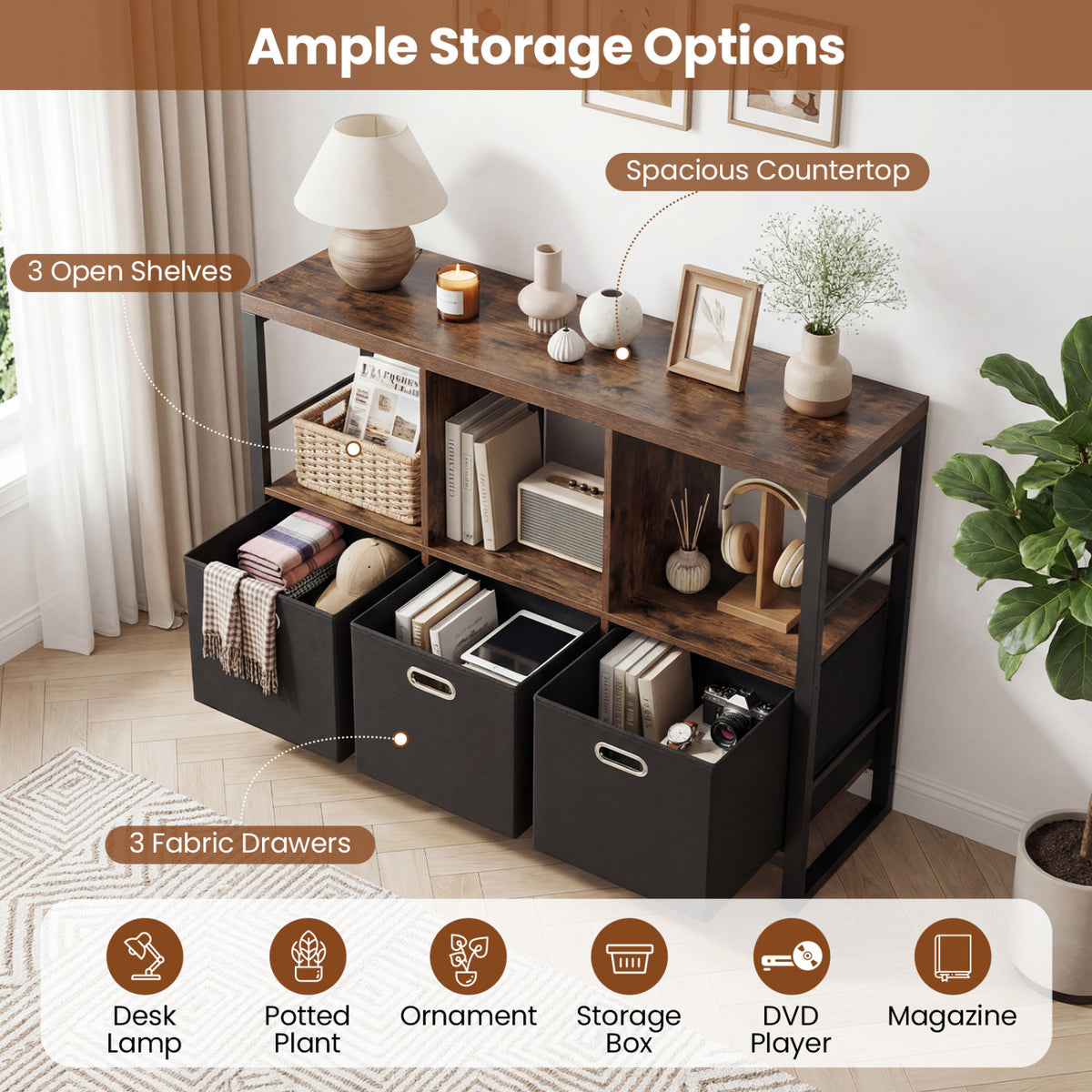 6 Cube Industrial Short Bookshelf with 3 Bins & Metal Frame and Open Shelves for Indoor-Rustic Brown view 7
