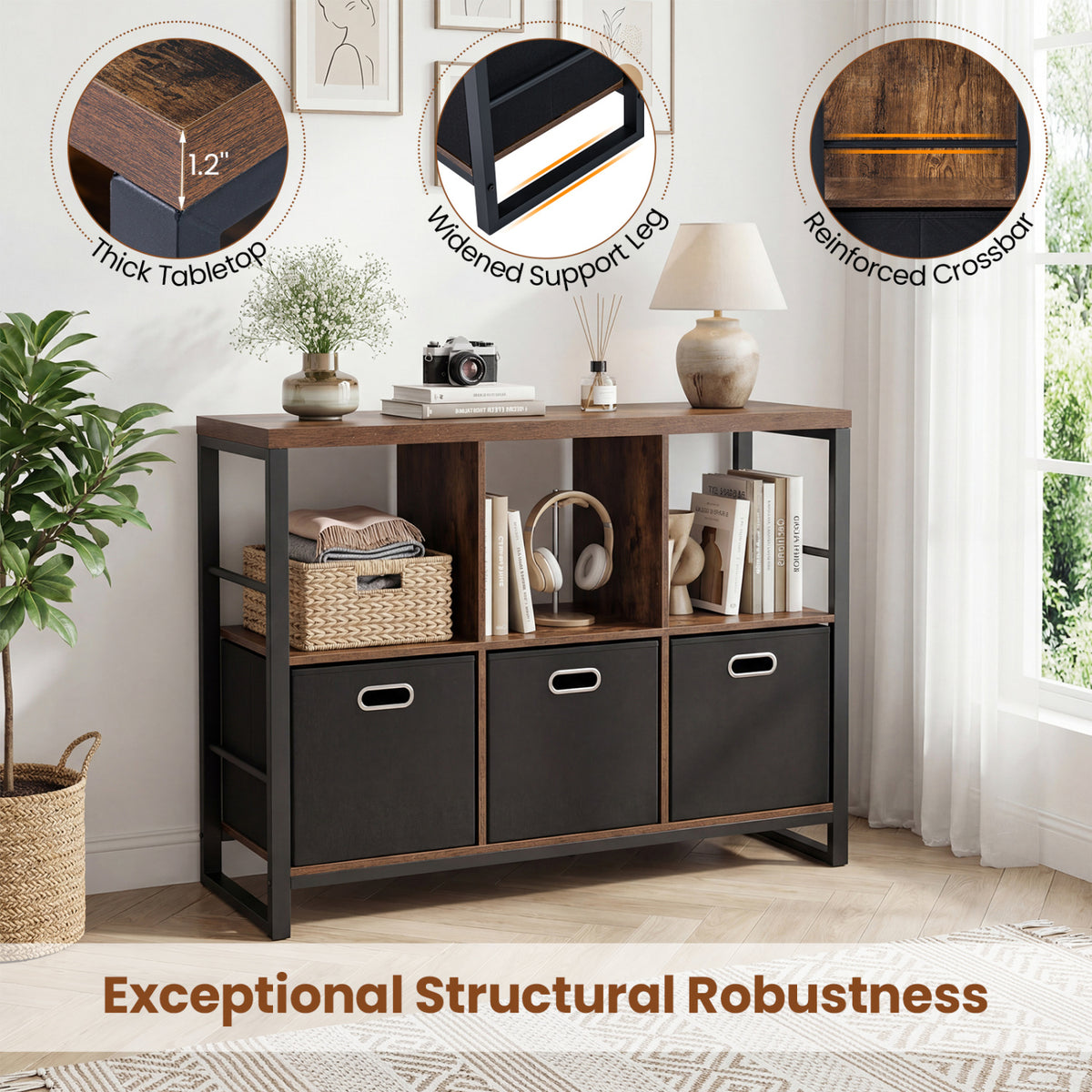 6 Cube Industrial Short Bookshelf with 3 Bins & Metal Frame and Open Shelves for Indoor-Rustic Brown view 8