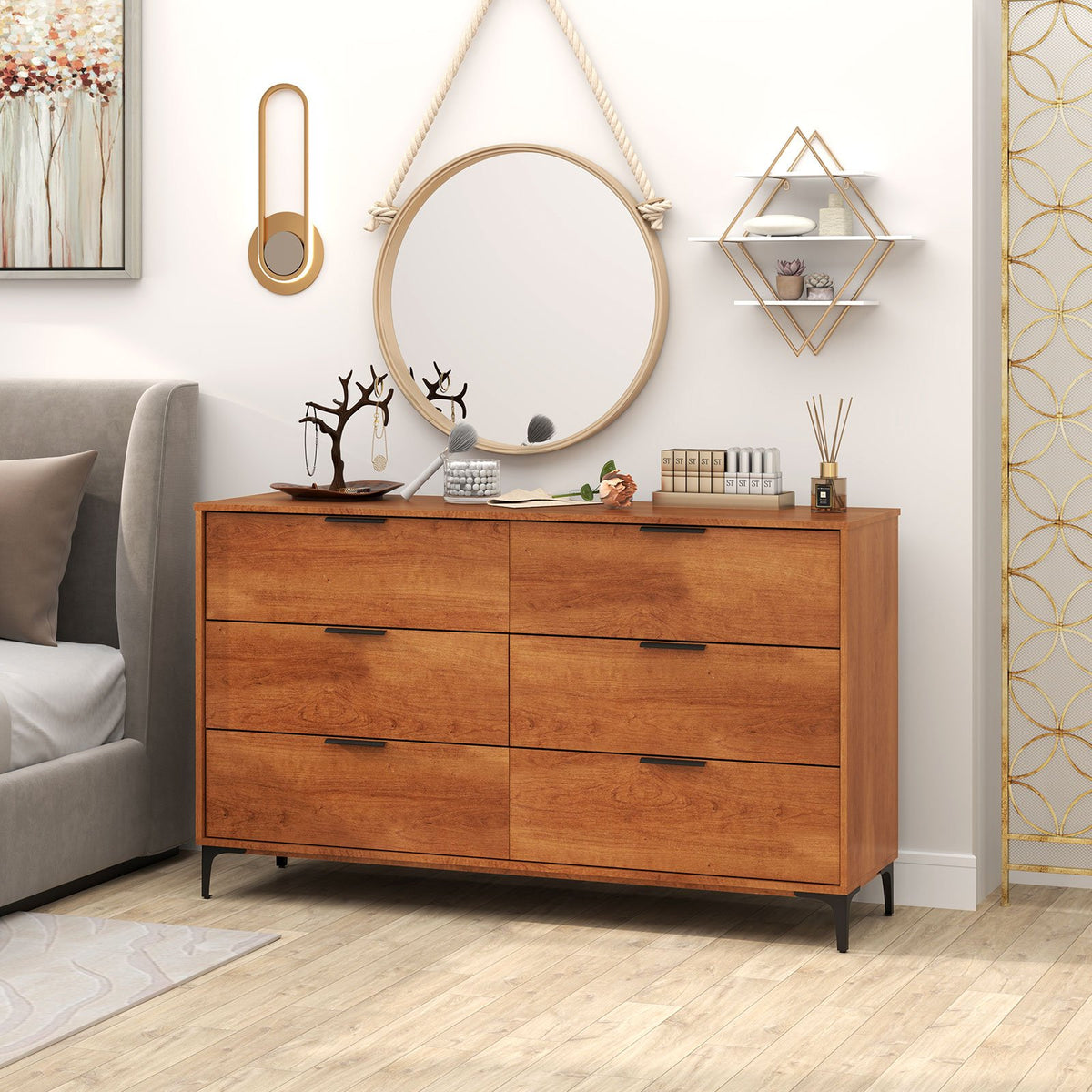 6-Drawer Dresser with Interlock System for Bedroom Living Room-Cherry view 2
