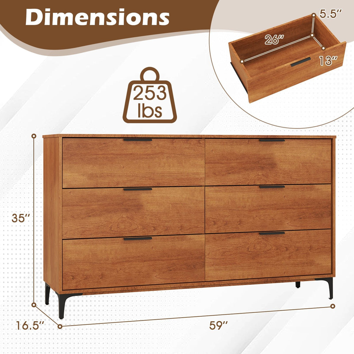 6-Drawer Dresser with Interlock System for Bedroom Living Room-Cherry view 5