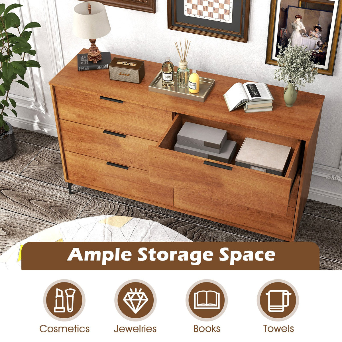 6-Drawer Dresser with Interlock System for Bedroom Living Room-Cherry view 6
