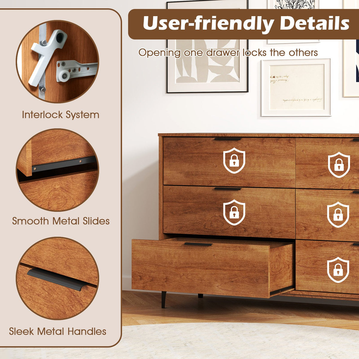 6-Drawer Dresser with Interlock System for Bedroom Living Room-Cherry view 9
