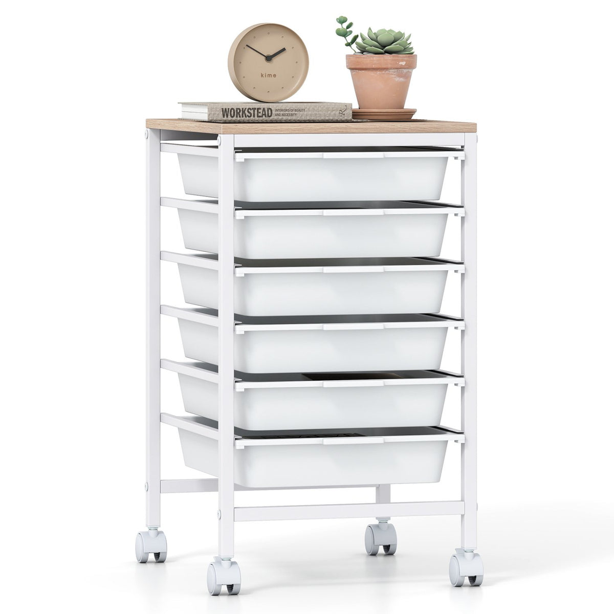6-Drawer Rolling Storage Cart with Wooden Tabletop-White