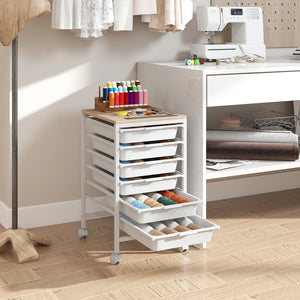 6-Drawer Rolling Storage Cart with Wooden Tabletop-White view 2