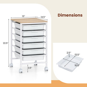 6-Drawer Rolling Storage Cart with Wooden Tabletop-White view 5