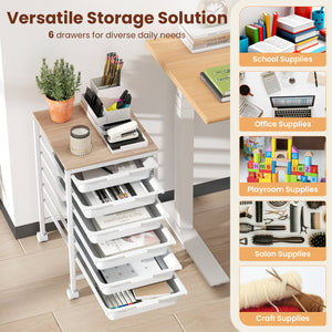 6-Drawer Rolling Storage Cart with Wooden Tabletop-White view 6