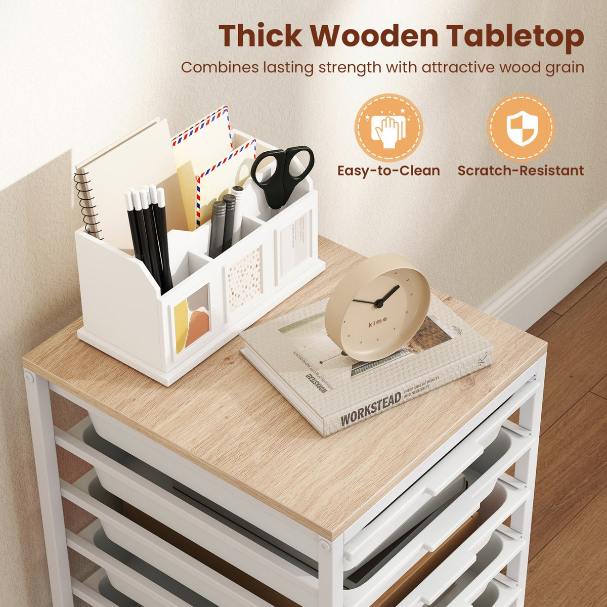 6-Drawer Rolling Storage Cart with Wooden Tabletop-White view 7