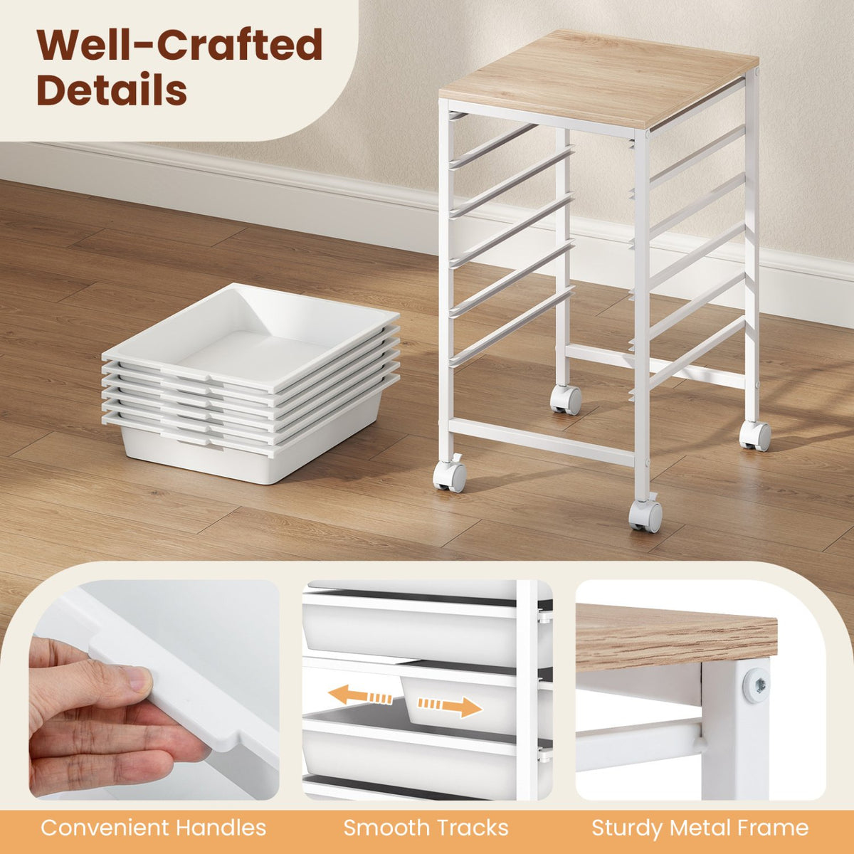 6-Drawer Rolling Storage Cart with Wooden Tabletop-White view 9