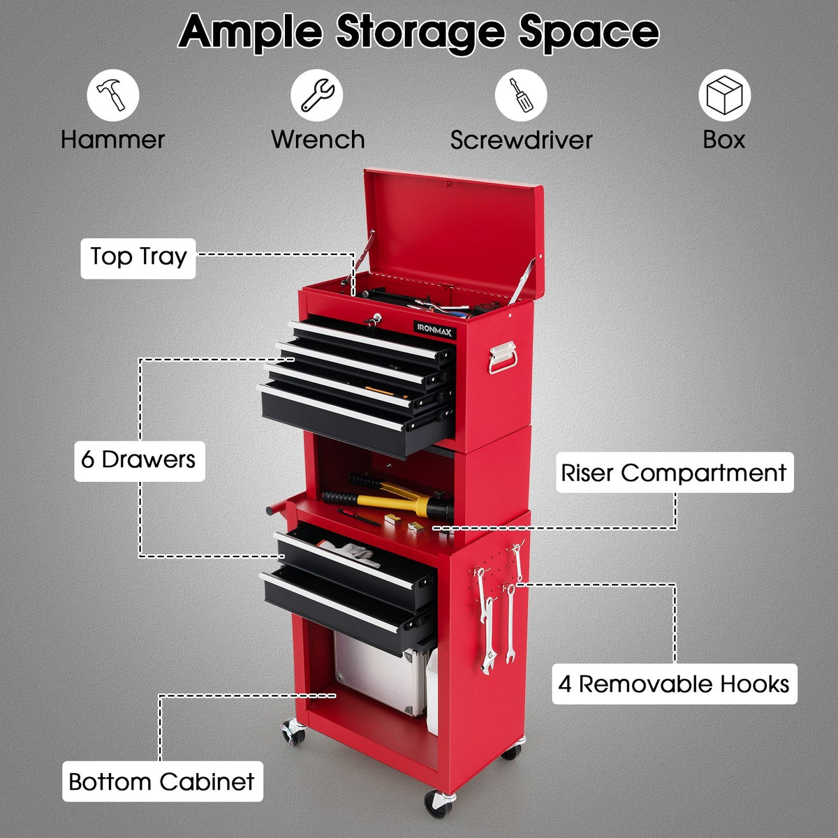 6-Drawer Tool Chest with Heightening Cabinet-Black & Red view 7