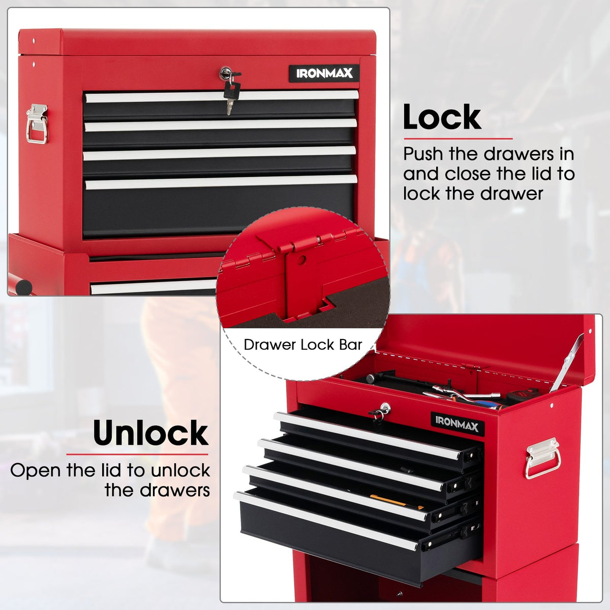 6-Drawer Tool Chest with Heightening Cabinet-Black & Red view 8