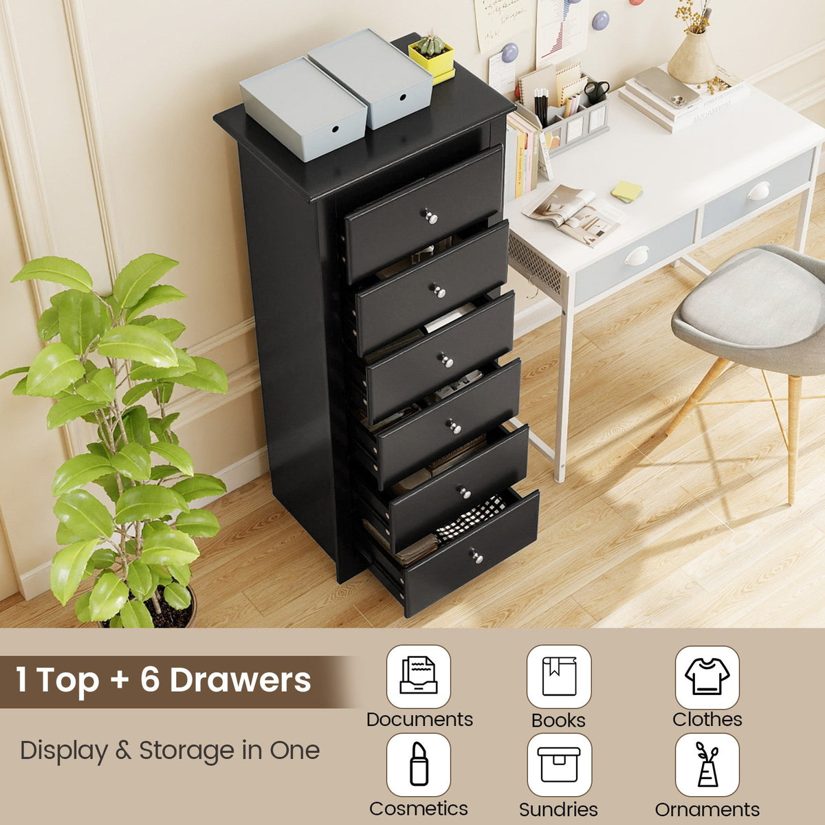 6 Drawers Chest Dresser Clothes Storage Bedroom Furniture Cabinet-Black view 6