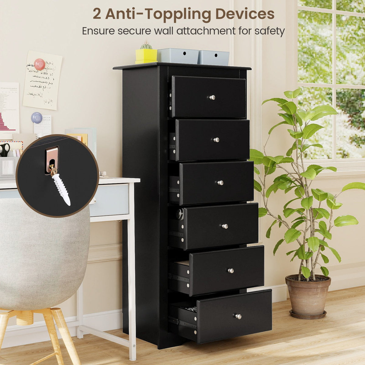 6 Drawers Chest Dresser Clothes Storage Bedroom Furniture Cabinet-Black view 7