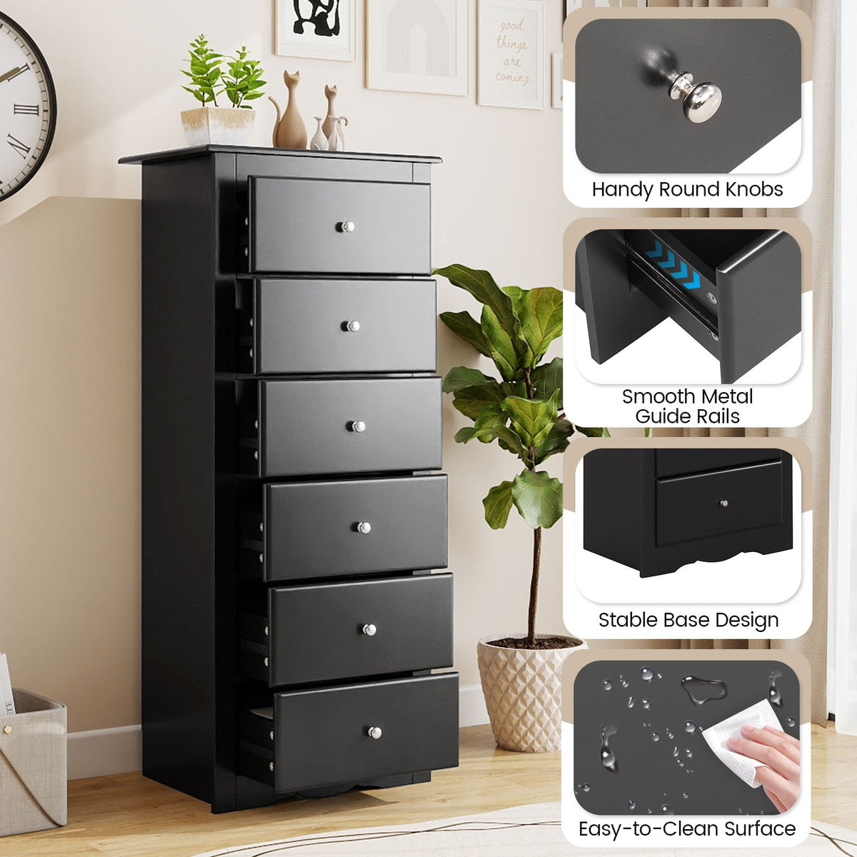6 Drawers Chest Dresser Clothes Storage Bedroom Furniture Cabinet-Black view 8