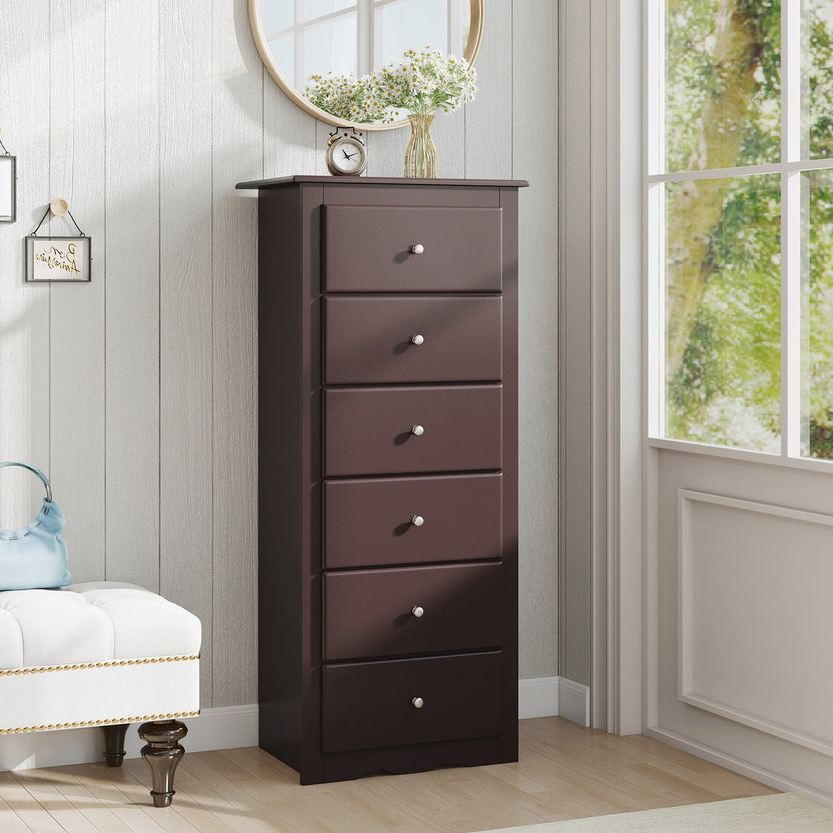 6 Drawers Chest Dresser Clothes Storage Bedroom Furniture Cabinet-Brown view 2