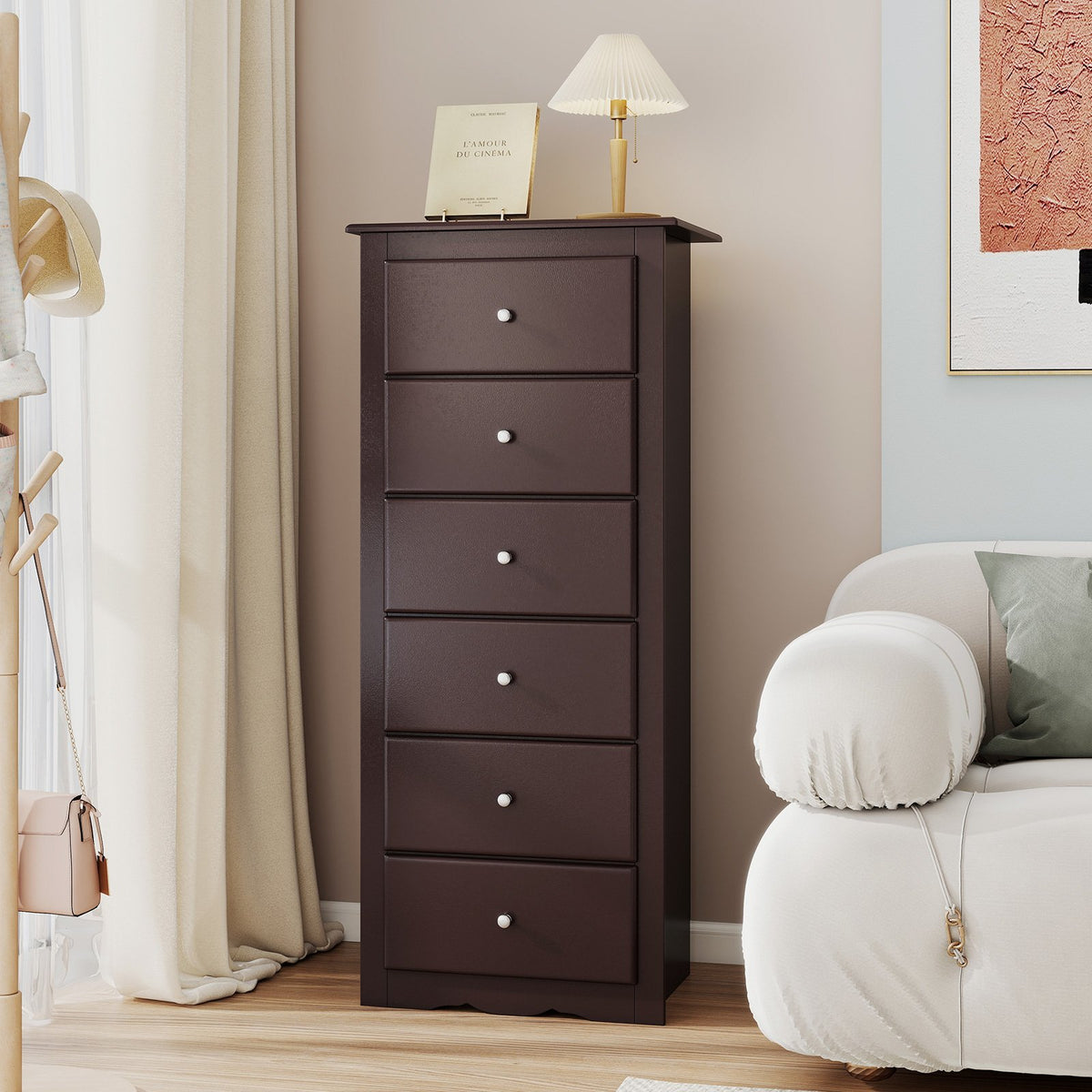 6 Drawers Chest Dresser Clothes Storage Bedroom Furniture Cabinet-Brown view 3