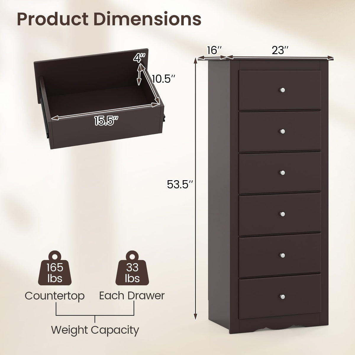 6 Drawers Chest Dresser Clothes Storage Bedroom Furniture Cabinet-Brown view 5