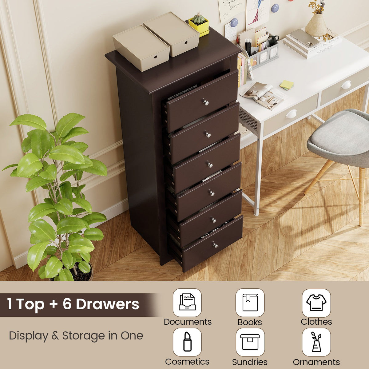 6 Drawers Chest Dresser Clothes Storage Bedroom Furniture Cabinet-Brown view 6