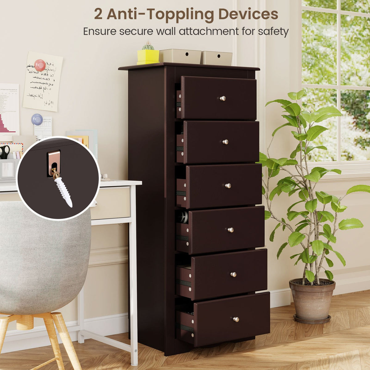 6 Drawers Chest Dresser Clothes Storage Bedroom Furniture Cabinet-Brown view 7