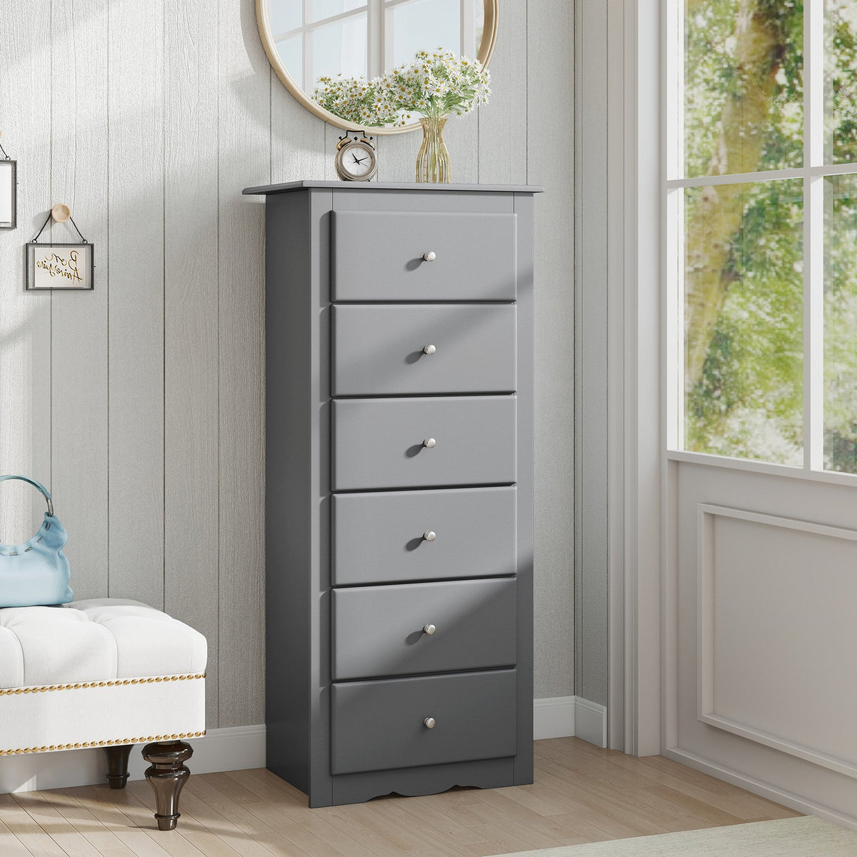 6 Drawers Chest Dresser Clothes Storage Bedroom Furniture Cabinet-Gray view 2