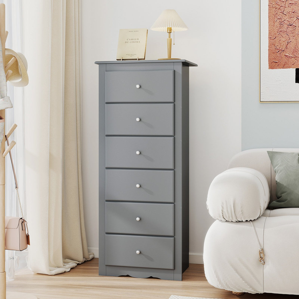6 Drawers Chest Dresser Clothes Storage Bedroom Furniture Cabinet-Gray view 3