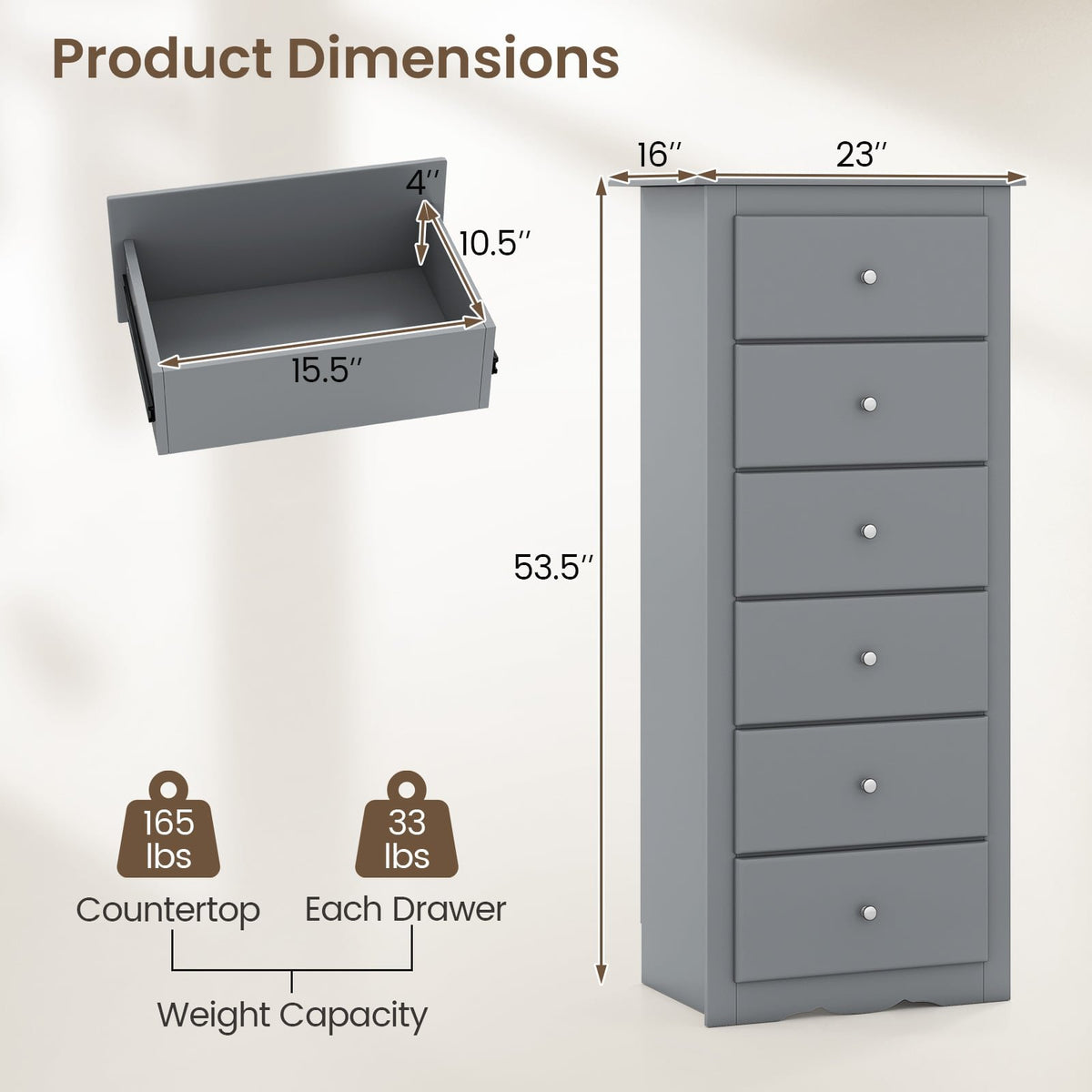6 Drawers Chest Dresser Clothes Storage Bedroom Furniture Cabinet-Gray view 5