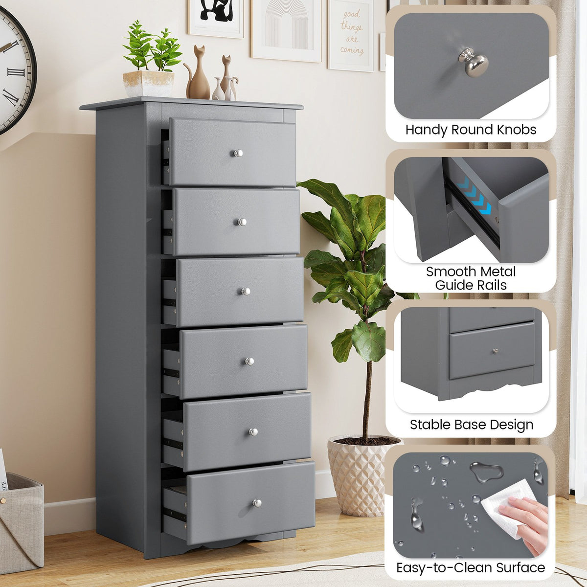 6 Drawers Chest Dresser Clothes Storage Bedroom Furniture Cabinet-Gray view 8