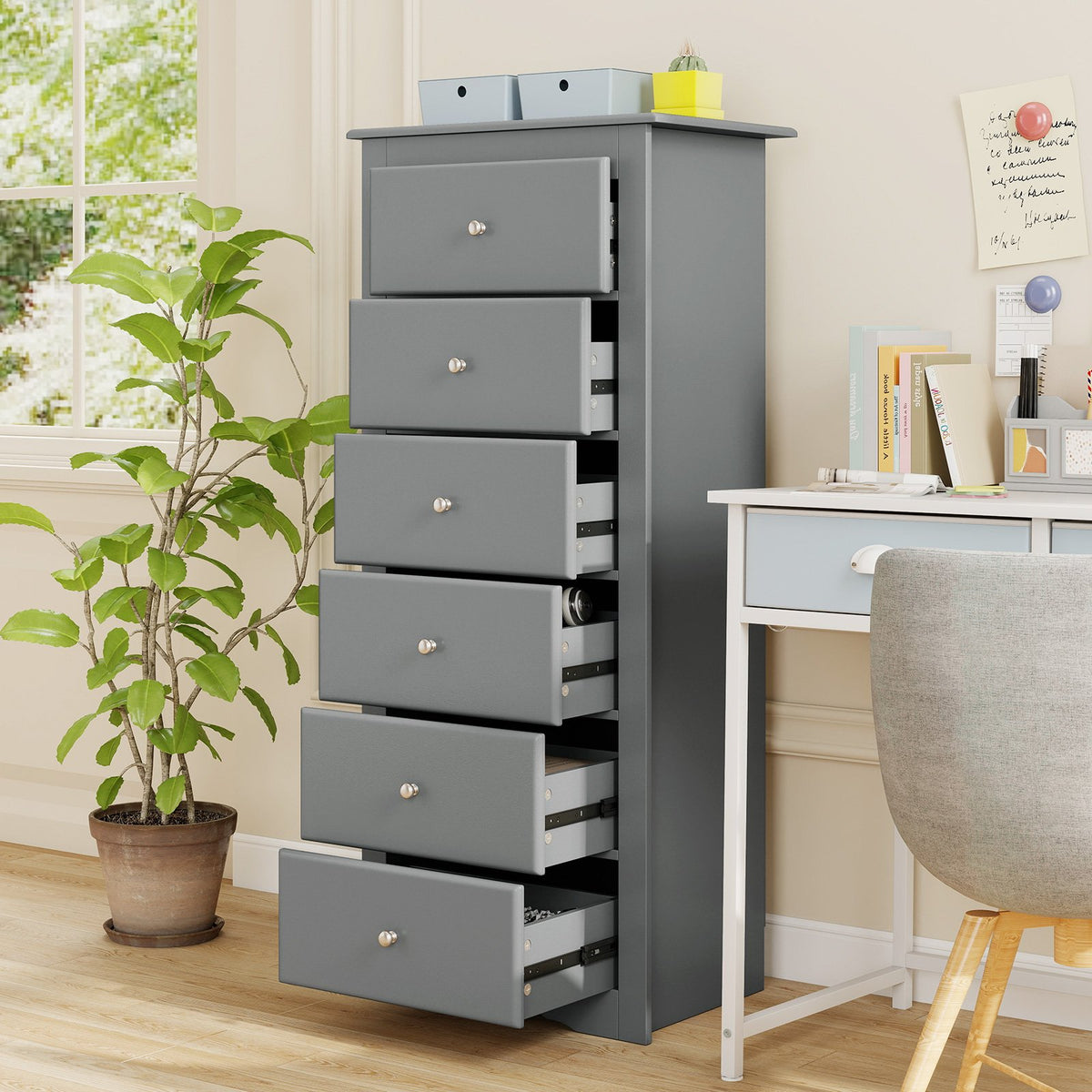 6 Drawers Chest Dresser Clothes Storage Bedroom Furniture Cabinet-Gray view 9