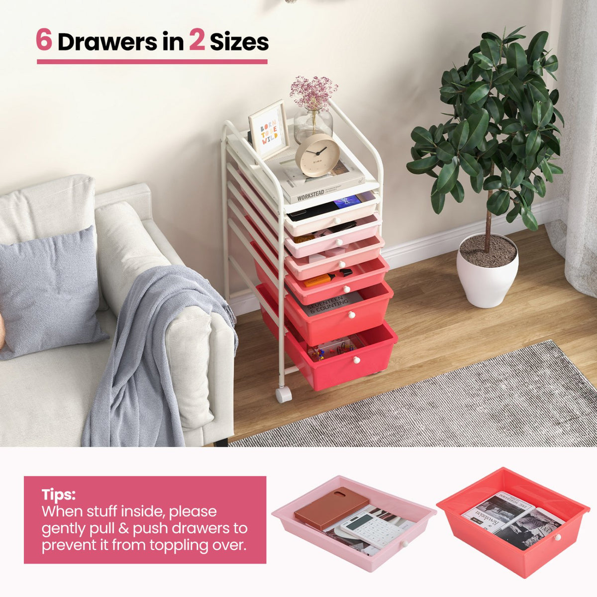 6 Drawers Rolling Storage Cart Organizer-Pink view 8