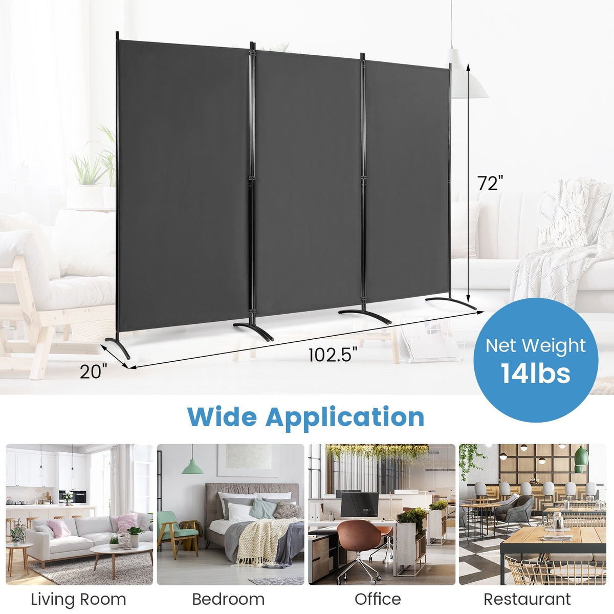 6 Feet 3 Panel Room Divider with Durable Hinges Steel Base-Gray view 4