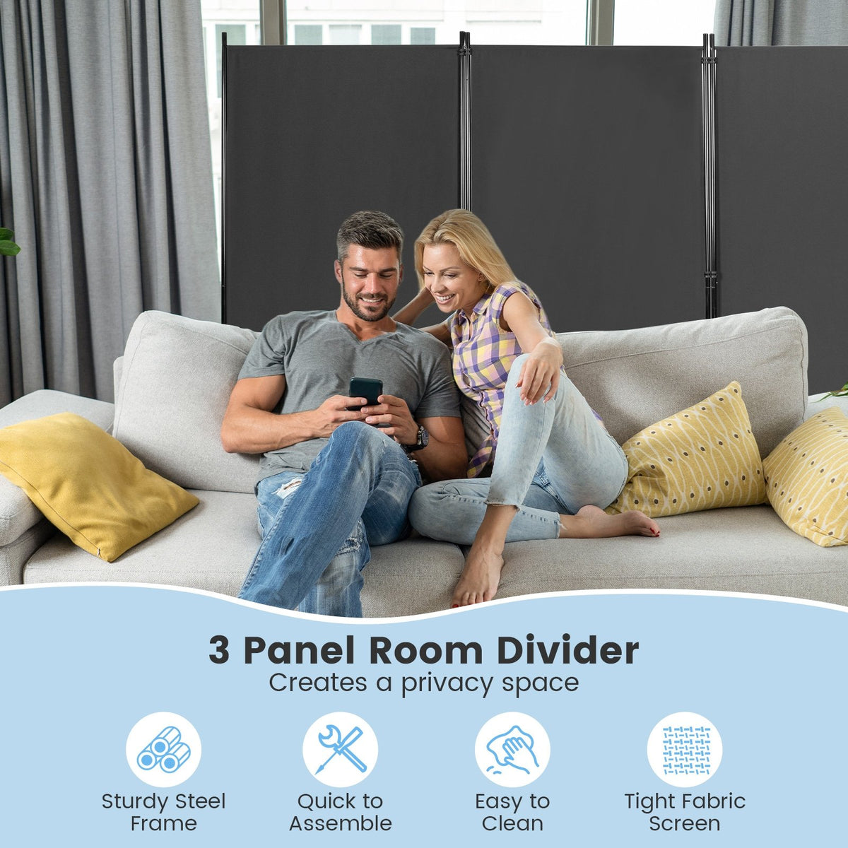 6 Feet 3 Panel Room Divider with Durable Hinges Steel Base-Gray view 6