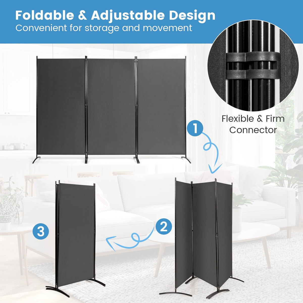 6 Feet 3 Panel Room Divider with Durable Hinges Steel Base-Gray view 8