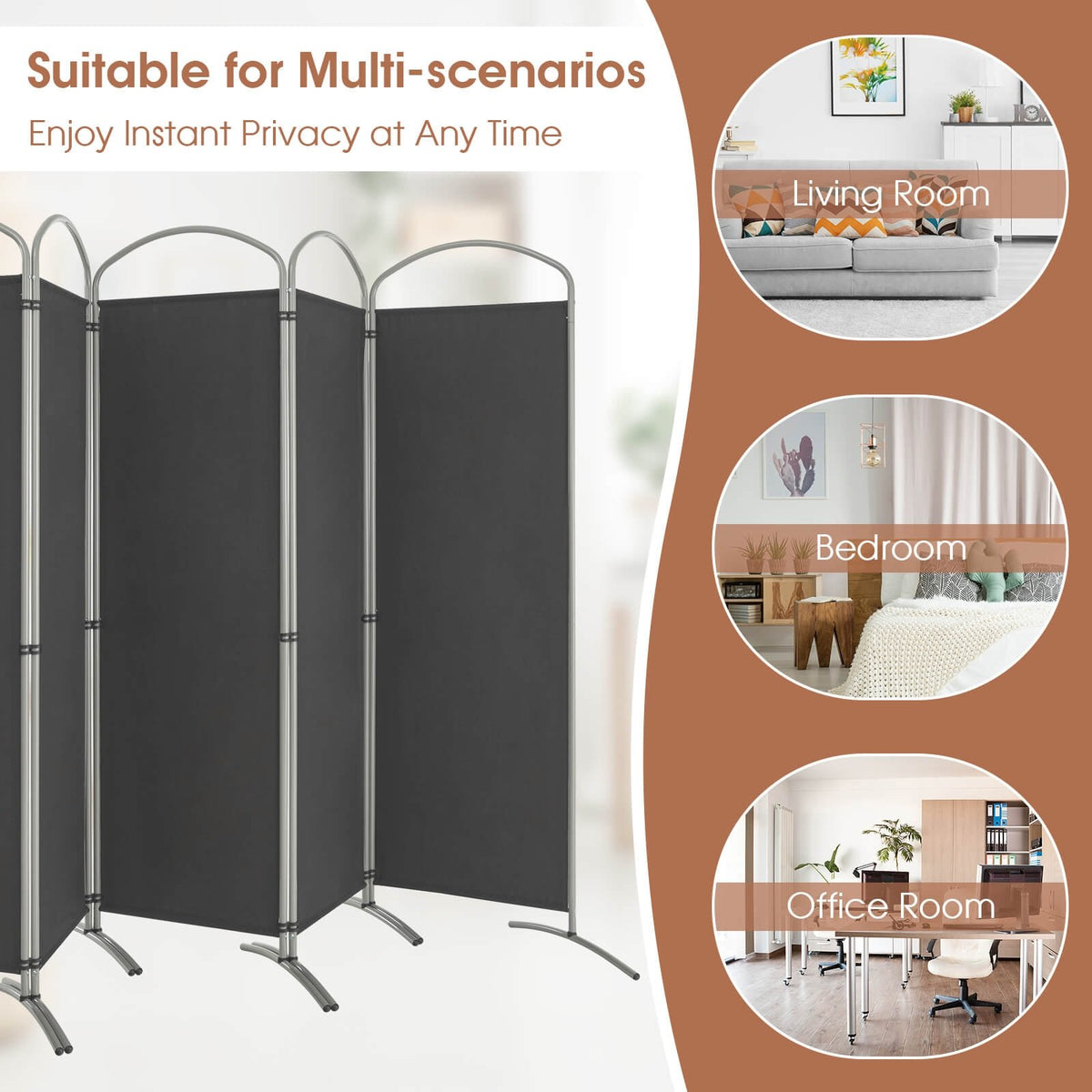 6 Feet 6-Panels Freestanding Folding Privacy Screen-Gray view 8