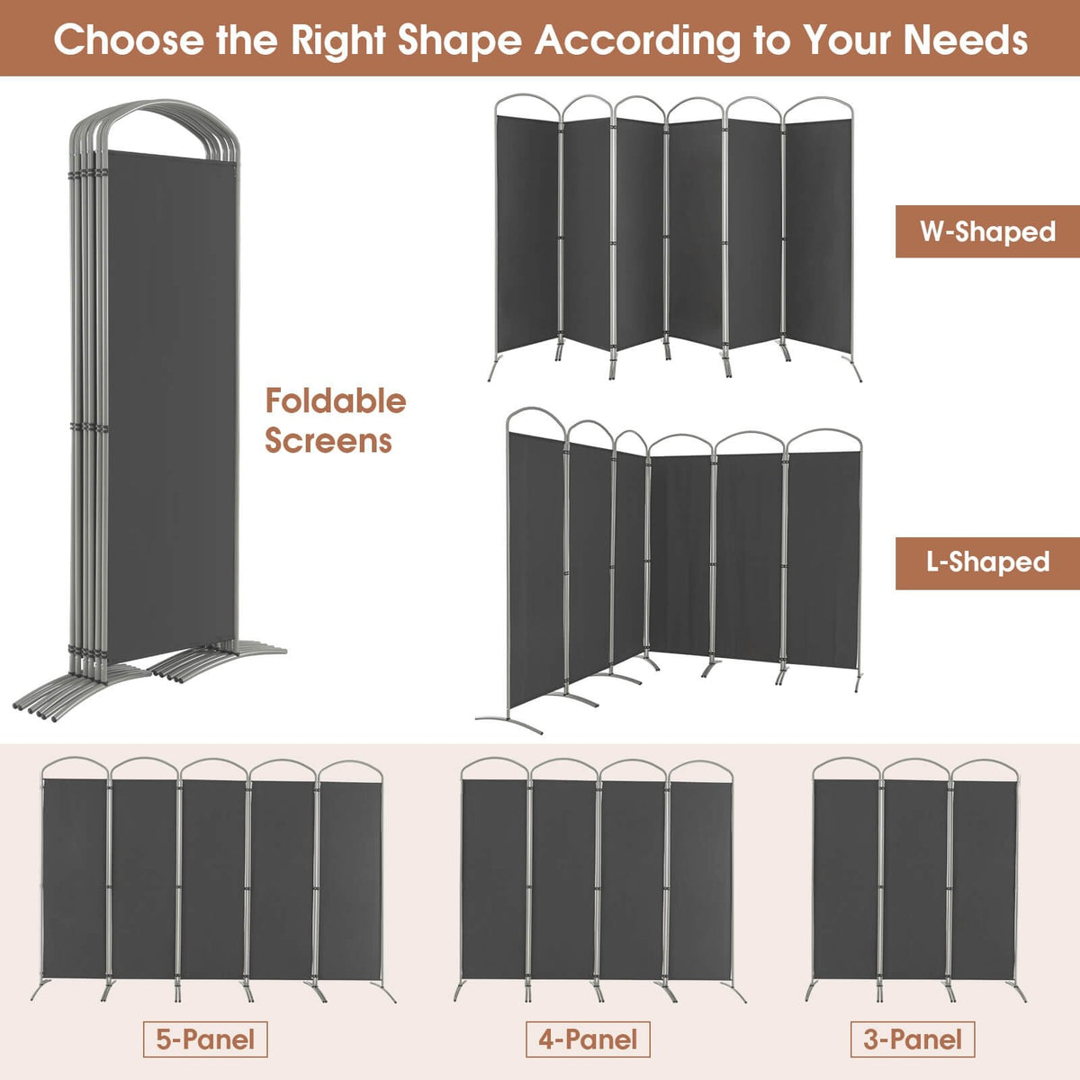 6 Feet 6-Panels Freestanding Folding Privacy Screen-Gray view 9