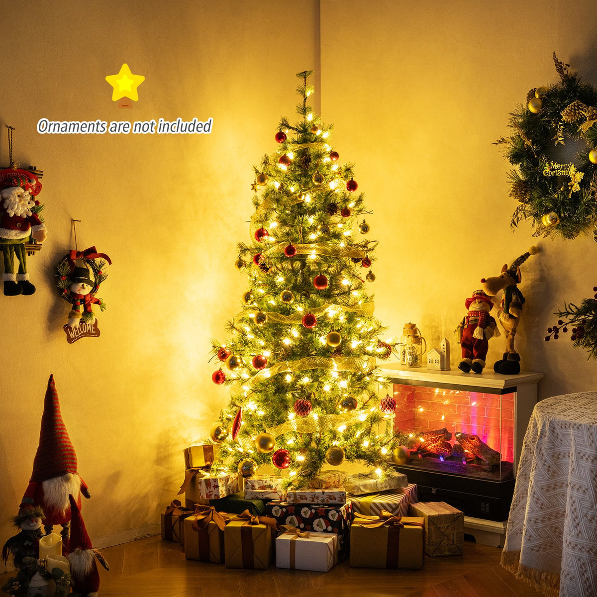 6 Feet Artificial Christmas Tree Pre-lit Hinged Xmas Tree with Warm White LED Lights and Pine Cones view 3
