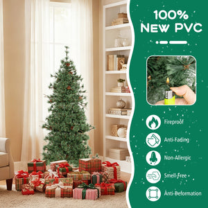6 Feet Artificial Christmas Tree Pre-lit Hinged Xmas Tree with Warm White LED Lights and Pine Cones view 7