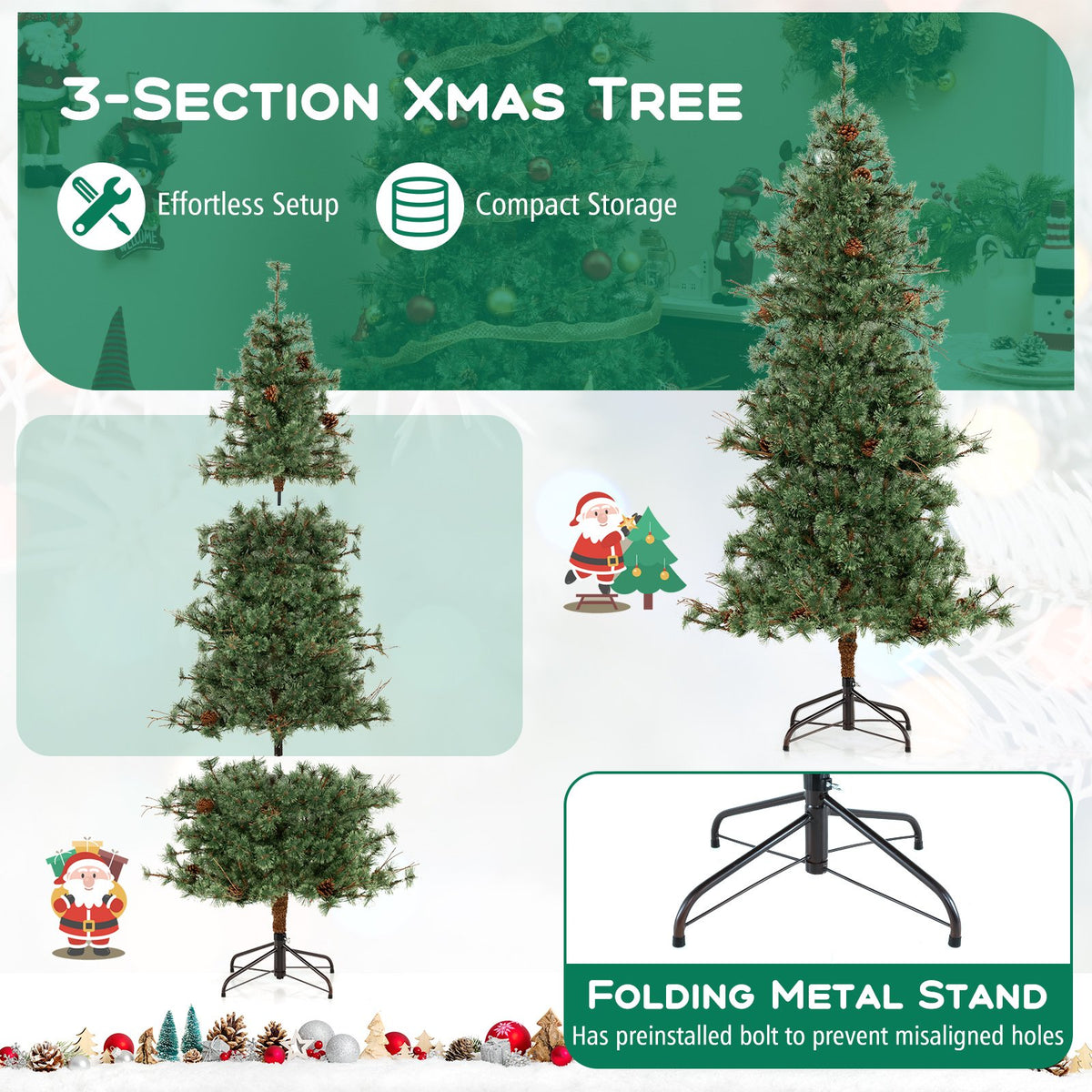 6 Feet Artificial Christmas Tree Pre-lit Hinged Xmas Tree with Warm White LED Lights and Pine Cones view 8
