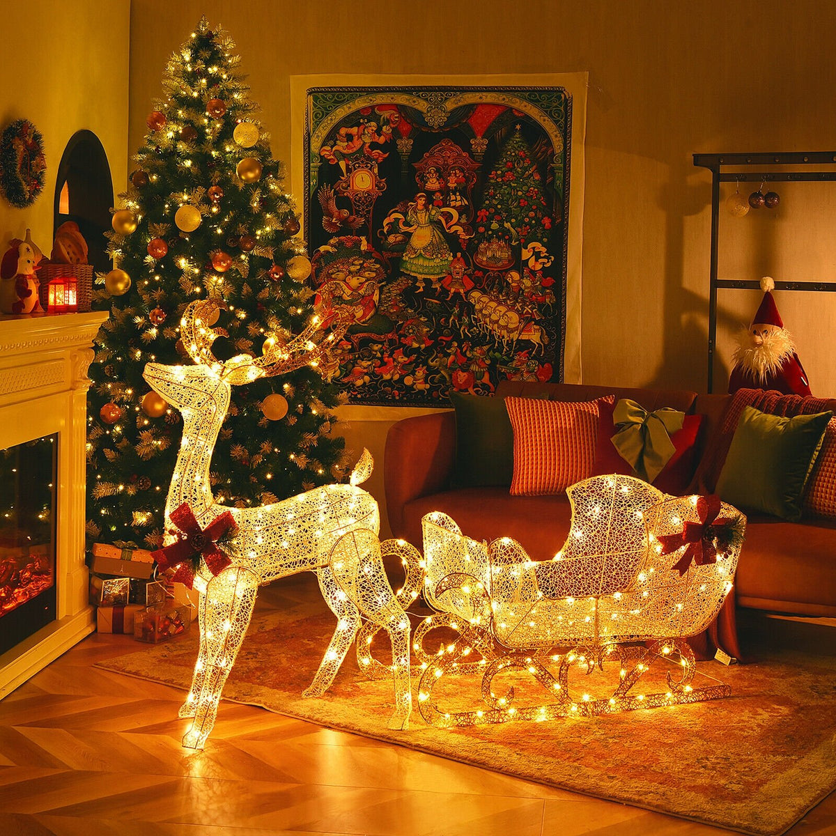 6 Feet Christmas Lighted Reindeer and Santa's Sleigh Decoration with 4 Stakes-Golden view 2