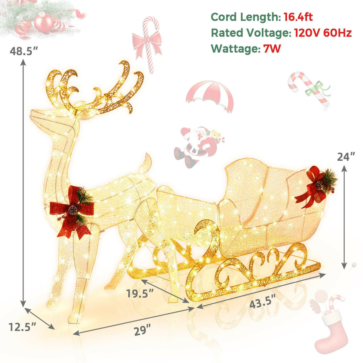 6 Feet Christmas Lighted Reindeer and Santa's Sleigh Decoration with 4 Stakes-Golden view 3