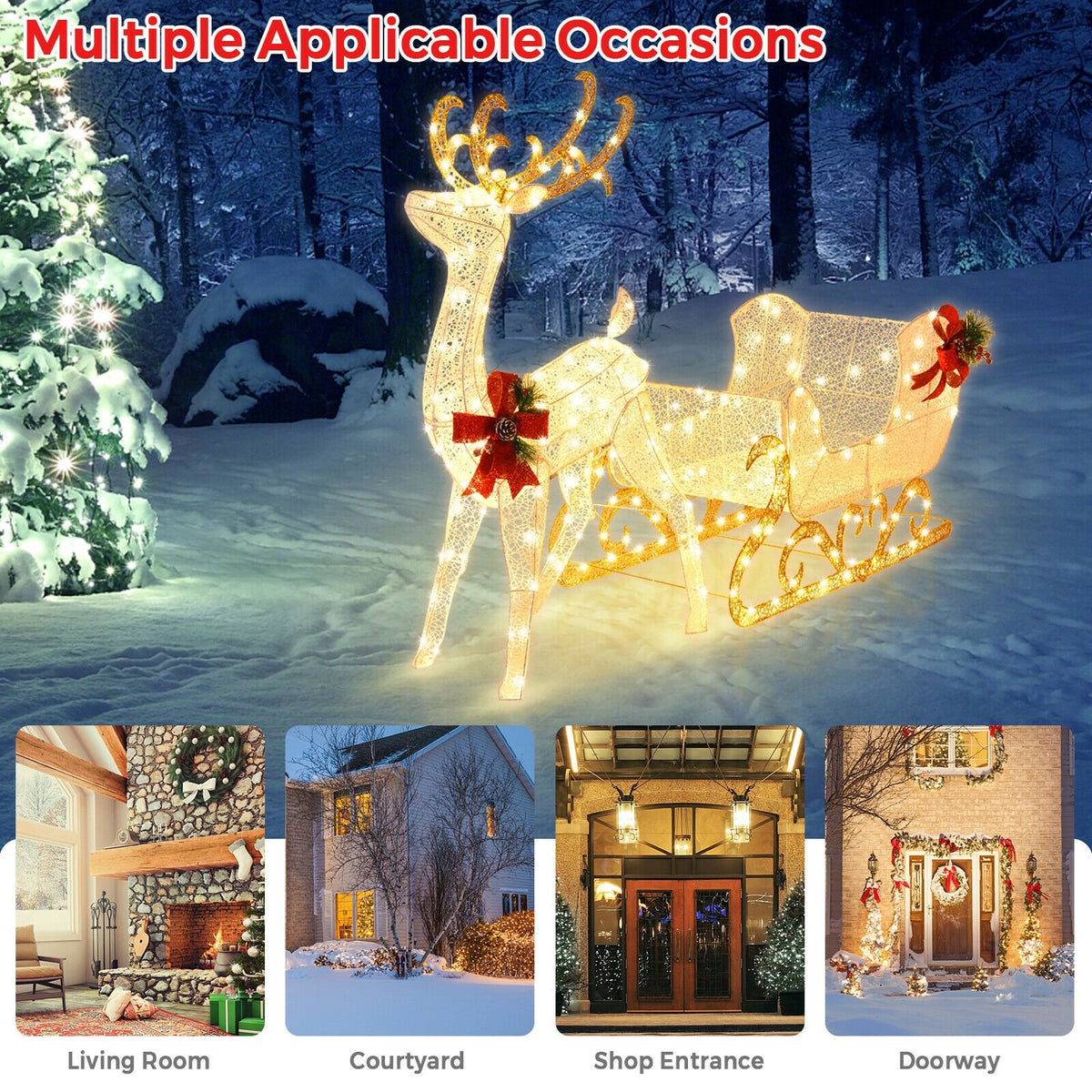 6 Feet Christmas Lighted Reindeer and Santa's Sleigh Decoration with 4 Stakes-Golden view 4