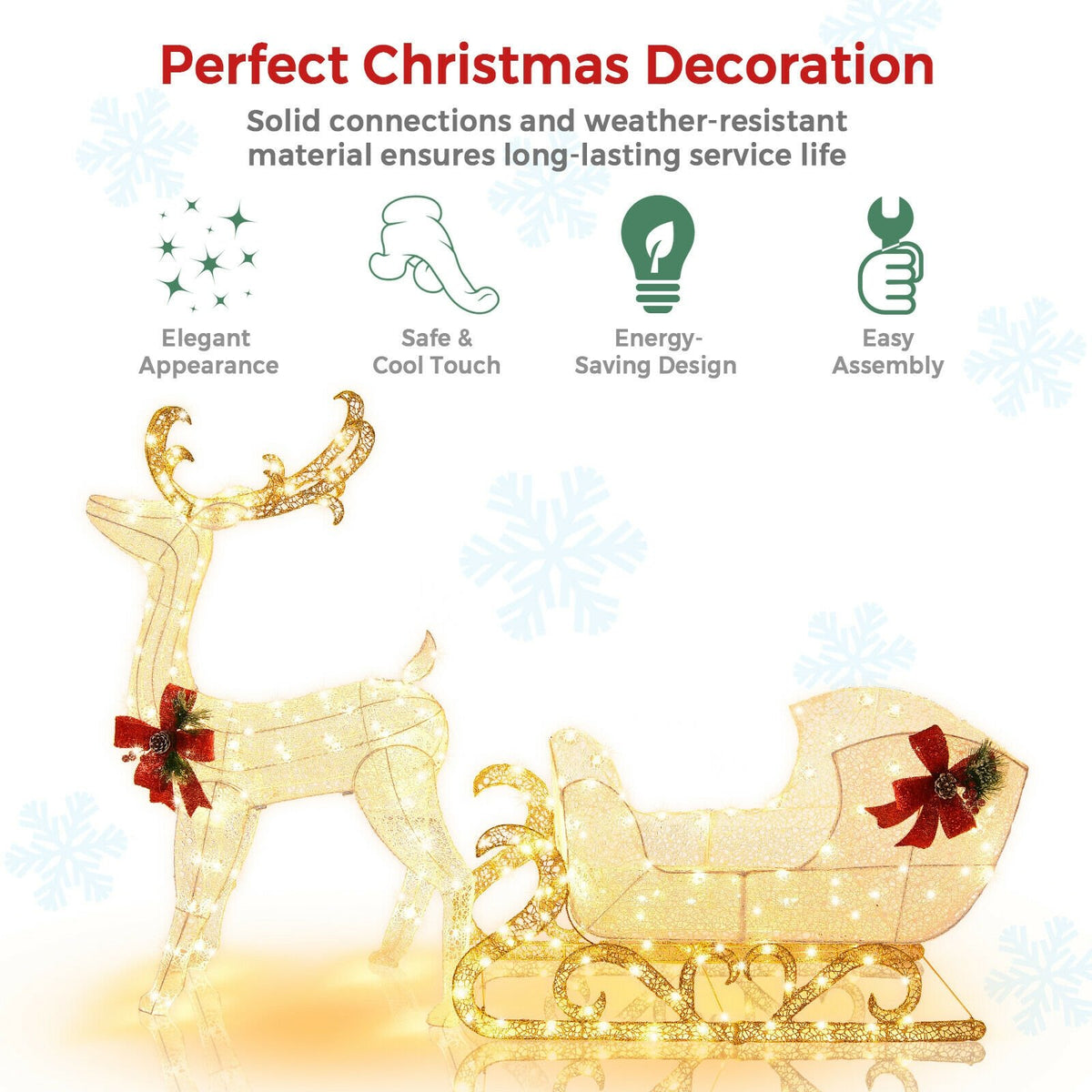 6 Feet Christmas Lighted Reindeer and Santa's Sleigh Decoration with 4 Stakes-Golden view 5