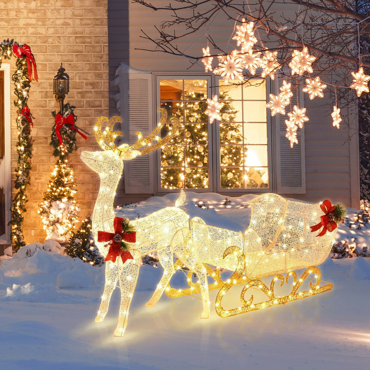 6 Feet Christmas Lighted Reindeer and Santa's Sleigh Decoration with 4 Stakes-Golden view 6