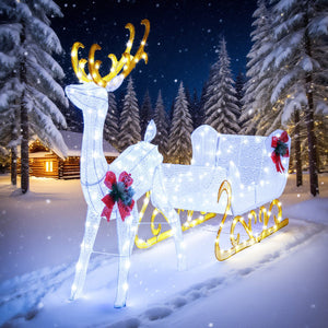 6 Feet Christmas Lighted Reindeer and Santa's Sleigh Decoration with 4 Stakes-White view 2